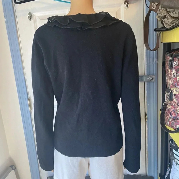 Y2K Jones New York Women's M Black Open Front Cardigan Satin Trim Ruffle Goth - Picture 8 of 11